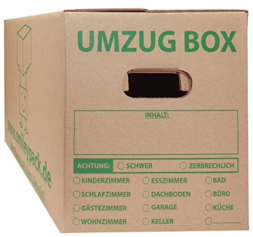 smiley pack 10 x stabile Umzugskartons - 620 x 300 x 330 mm - Extra groß und wieder-verwendbar - Umzugskiste 40kg Traglast - Umzug mit Karton-Box - Robuster Umzugskarton mit Deckel - Ordnungsboxen