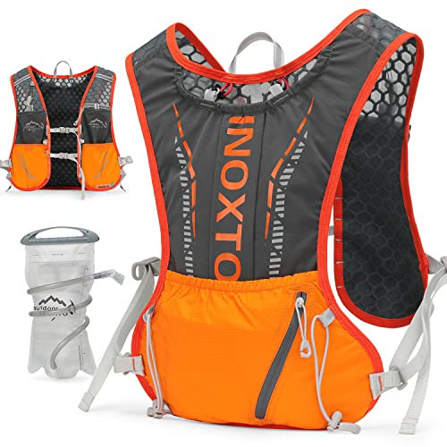 INOXTO Trinkweste, Rucksack, leicht, isoliert, mit 1,5 l Wasserblasentasche, Tagesrucksack für Trail Wandern Laufen Radfahren Rennen Marathon für Damen Herren (dunkelorange gestreift)