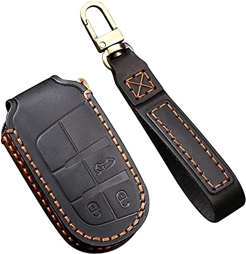 ontto Autoschlüssel Hülle Passt für Chrysler 300C Jeep Renegade Compass Grand Cherokee Dodge FIAT 500X Fernbedienung Cover Leder Schlüsselhülle Schlüsselanhänger Schlüssel Schutz Etui 3 Taste-Schwarz