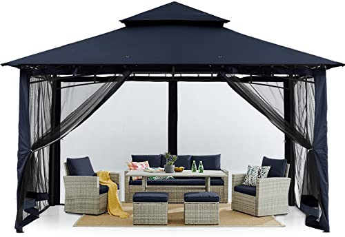 MASTERCANOPY 3 x 3,6 m Doppeldach Gartenpavillon mit 4 Moskitonetz für Garten, Hof, Marineblau