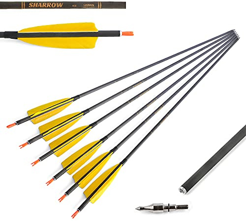 SHARROW 12 Stücke Carbonpfeile 34 Zoll Bogenpfeile mit Naturfedern Jagd Pfeile für Bogen 400 Spine Carbon Pfeile für Recurvebogen Compound Bogen (Gelb)