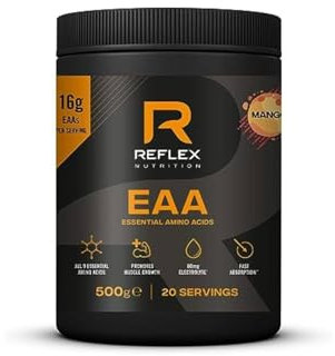 Reflex Nutrition EAA - Complete Essential Amino Acids - 16g EAAs with BCAAs, Vitamin B6, Electrolytes - Full Spectrum Amino Acids Powder for Muscle Growth & Recovery (Mango, 500g, 20 servings)