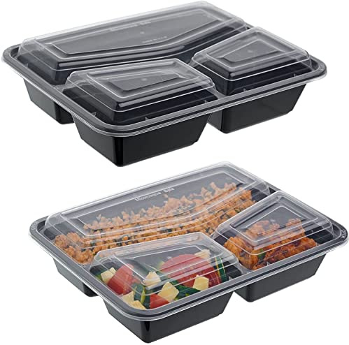 HOT BARGAINS 50 X Reusable Square Shape 3 Compartment Black Food Containers with Clear Lids Microwave, Oven and Freezer Safe BPA-Free for Catering Restaurants
