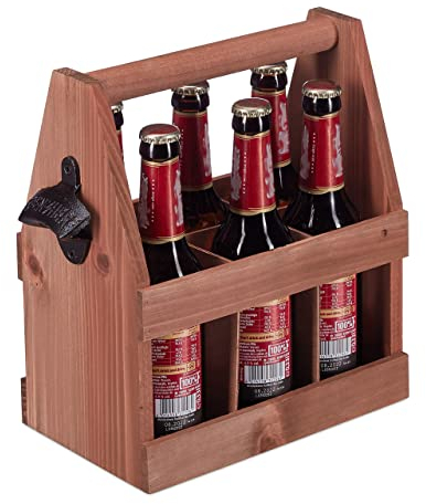 Relaxdays Wooden Bottle Carrier, with Bottle Opener & Coaster, Room for 6 Beers/Wine, Sturdy Wood & Metal Iron, Brown