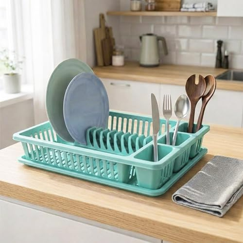 METALLIC TURTLE Blue Large Plastic Dish Drainer Rack with Cutlery Holder Kitchen Sink Draining Board for Plates Cups and Utensils Countertop Drying Rack (45.5 x 35 x 8 cm)