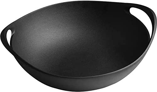 ZAANU Sartén Tradicional China de Hierro Fundido Wok con Tapa de Madera y Mango Doble para cocinar en sartén, estofar y freír-32 cm (32 cm)