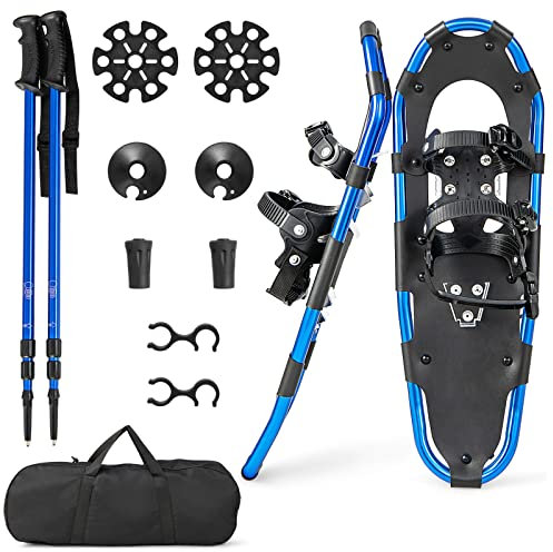 COSTWAY Ciaspole da Neve 4 in 1 per Uomini, Donne e Ragazzi per Scarpe 35-45 in Alluminio con Sistema di Perno Flessibile Doppio, Bastoncini Regolabili e Borsa, Adatte per 30-130 kg (Blu, 53 cm)