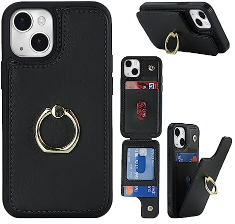 Cavor Phone Case compatible with iPhone 13 Mini Case With Card Holder,Flip Folio Leather Wallet Case,Magnetic Ring Kickstand Shockproof Cover Case compatible with iPhone 13 Mini - Black