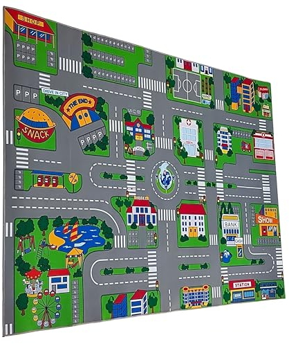 Entrando Spielteppich Straße 100x150 cm - Auto Teppich für Kinderzimmer mit Straßen & Häusern - Rutschfester Kinder Teppich schadstofffrei - ideal für kleine Autofans & Kleinkinder