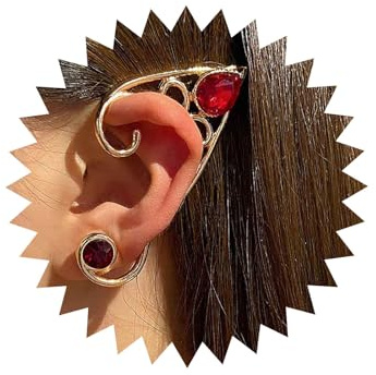 TseenYi Rubin Elfen Elfen Manschette Clip Ohrringe Gothic Rot Kristall Elfen Manschette Knorpel Ohrringe Gold Elfen Wrap Manschette Ohrringe Vintage Elfen Ohr Knochen Clip Ohrringe Schmuck Für