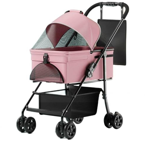 Haustier-Kinderwagen-Reisesystem – 3-in-1-Trage, Autositz und Kinderwagen mit Druckknopf-Einstieg, Leichter, Faltbarer Hundewagen für Kleine und Mittelgroße Hunde und Katzen,Pink