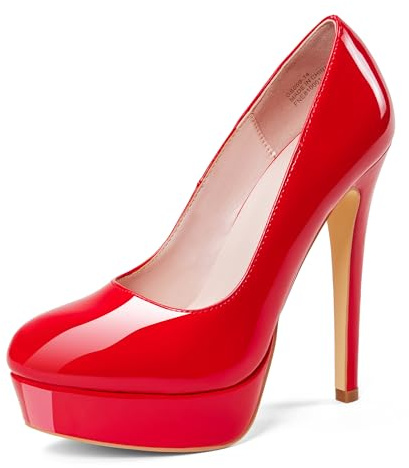 GENSHUO platåpumps dam stängda 14 cm stilettos höga klackar lack platå bal party kvinnor höga klackar skor, storlek 36–42 EU, röd, 38 EU