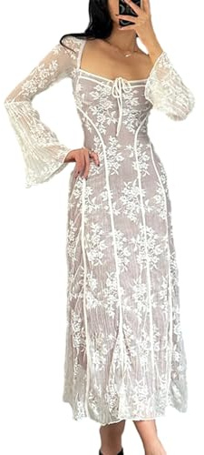FeMereina Women Y2k Lace Maxi Dress Flare Long Sleeve Square Neck Tie-up Long Dress ee Through Mesh Bodycon Swing Dress (White, L)