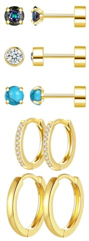 RoseJeopal 5 Parr 18K Gold Ohrringe Set für Damen, Kleine Türkis Runde Ohrstecker Goldene Creolen mit AAA+ Kubischer Zirkonia, Hypoallergene Gold Ohrpiercing Mädchen für mehrere ohrlöcher