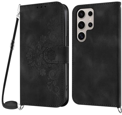 NETANY Handykette Hülle für Samsung Galaxy S24 Ultra, Handyhülle für Galaxy S24 Ultra Hülle mit Kette Klappbar, PU Leder Necklace Klapphülle und Umhängeband Lanyard Schutzhülle mit Band (Schwarz)