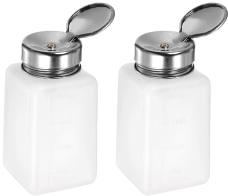 sourcing map 2pcs Solvent Alcohol Dispensers 200ml(6.8oz) Push Down Liquid Dispenser Pump Bottle with Sealing Stainless Steel Lid for Acetone Solution, White