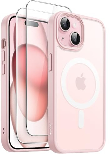 JETech 3-in-1 Matte Magnetische Hülle für iPhone 15, Rosa | Kompatibel mit MagSafe, 2 Gehärtete Glas Schutzfolien, Matte Transluzent Rückseite, Stoßschutz