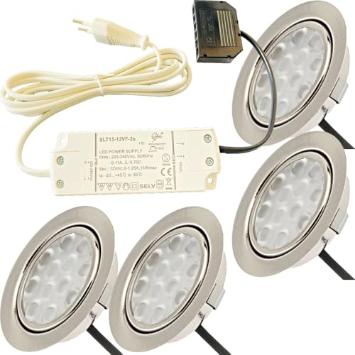 Lichtfaktor24 12V Möbeleinbauleuchten LED flach 4 x 3W Einbaustrahler Lotta 200lm mit LED Trafo und Mini Verteiler 3000K Warmweiß Lochausschnitt: 55 bis 60mm