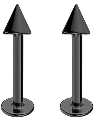 Jewel Barrel 2pcs Labret Piercing Studs Lip Jewellery Bars Monroe Helix Tragus Medusa Ring 6mm 8mm 10mm 12mm Length with 3mm Cones Pair (Black, 12)