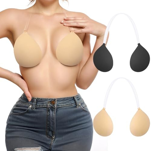 Sexy Code 1701 Invisible Adhesive Push-Up Bra Sticky Strapless Bra with Clear Halter Neck Strap for Backless Dresses/Tops, Black+Beige, D