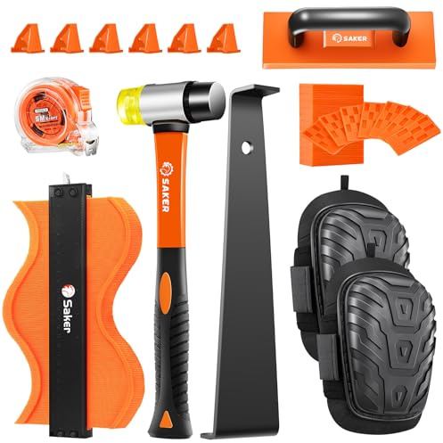 Saker Laminate Flooring Tools, 107-Piece Wood Flooring Installation Kit with 100 Flooring Spacers,Tapping Block with Handle, Pull Bar,10”Contour Gauge,Rubber Mallet,Tape Measure,Protective Knee Pads