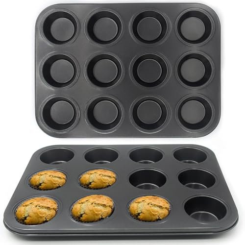 2 Piezas Molde Magdalenas Horno Acero Carbono, Moldes Reposteria Antiadherente Redonda para 12 Muffins, Bandeja Hornear Cupcakes Mini Fácil Limpiar para Brownies, Pasteles, Pudines, Panecillos (Negro)