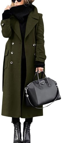 chouyatou Women's Winter Double Breasted Wool Coat Business Casual Long Winter Pea Coat with Belt (XX-Large, Army Green)