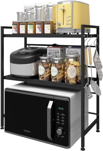 3 Tier Expandable Microwave Oven Rack with 6 Hooks Kitchen Counter nizer Adjustable Height Toaster Baker's Rack
