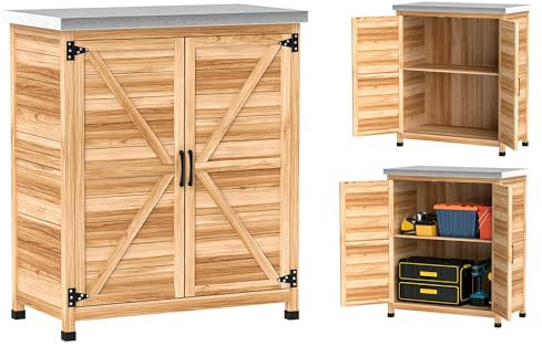 Outsunny Armadio da Esterno con Ripiano Interno e Banco da Lavoro Superiore, Armadio da Giardino in Legno di Abete e Acciaio Zincato, 79x43x92 cm, Color Legno