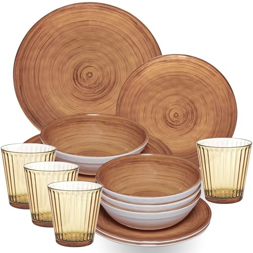 Melamin Geschirr Set Braun 4 Personen 16 Teile 360ml Acryl Camping Festival