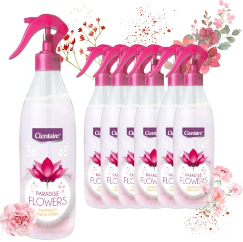CLENTAIRE Paradise Flowers 12 x 425ml Lufterfrischer, Naturlicher Raumspray für Zimmer, Textilerfrischer, Geruchsbekämpfung für Textilien, Sofabezüge, Gardinen, Teppiche