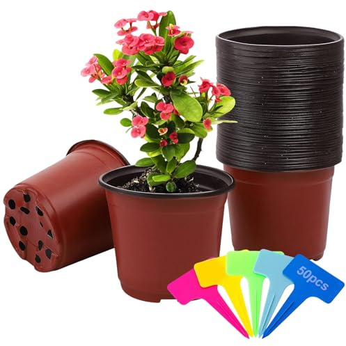 ANBET 50 Stück Anzuchttöpfe Blumentopf, 12CM Klein Pflanztöpfe Plastik mit 50 Stück Pflanzenschilder für Pflanzen, Sämlinge, Transplantationen, Innen Außenbereich Pflanztöpfe Anzucht