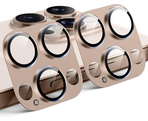 TAURI 2 Pezzi Pellicola Fotocamera per iPhone 16 Pro/16 Pro Max,Rosa Oro | Copertura Totale in Vetro Temperato 9H con Anello, Piastra in Metallo Opaco, Resistente ai Graffi