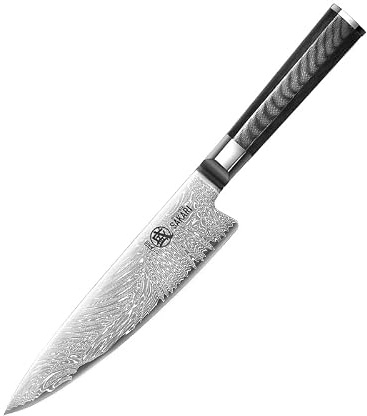 MITSUMOTO SAKARI Cuchillo Gyuto Japonés, 19 cm Cuchillos Cocina Full Tang | Cuchillo Japoneses de Damasco Forjado a Mano, Cuchillos Cocina de Acero en Polvo VG, Mango G10 Negro, Estuche de Sándalo