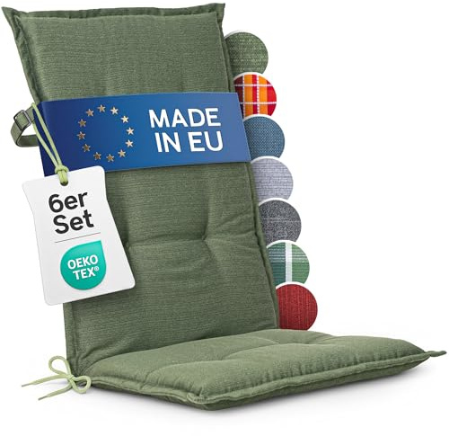 Homeoutfit24 Hochlehner Auflagen, Made in EU, 6er Set, Grün | 120x50 cm, Gartenstuhlauflagen Sitzauflagen, Oeko-Tex Zertifiziert, Hochlehner Polster