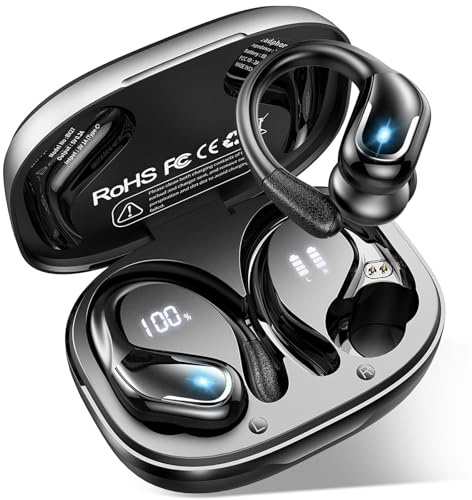 Cuffie Bluetooth Sport, 75 Ore Auricolari Bluetooth 5.4 con 4 ENC Mics | Cuffie Wireless Antirumore, IP7 Impermeabili Cuffiette Bluetooth con Display LED, Cuffie Senza Filo per Palestra/Running