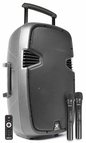 Vonyx SPJ-PA915 Enceinte Sono Portable avec micros sans fil – 700W Max, Bluetooth, USB/SD/MP3, Boomer 15, Batterie intégrée, poignée, emplacement pour pied de fixation, enceinte légère et robuste