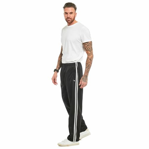 Mens Striped Track Suit Bottom Casual Elasticated Waist Tracksuit Bottoms Silky Joggers Jogging Jog Trousers Leisure Gym Sports Yoga Open Hem Pull On Pants Plus Big King Sizes(Stripe Black, L)