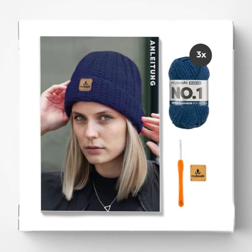 myboshi Häkelset Wintermütze Kanuma, inkl. No.1 Wolle, Nadel und Anleitung, Häkelpaket für Anfänger, 30% Merinowolle Marine mit Häkelnadel