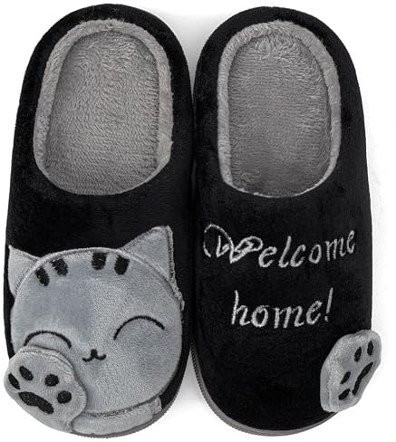 ChayChax Mignon Dessin Animé Chaussons Maison Mixte Enfant Hommes Femmes Hiver Peluche Douce Pantoufle d'intérieur Confort Chaud Coton Chaussures pour la Maison,Noir,41/42 EU = Fabricant 42/43