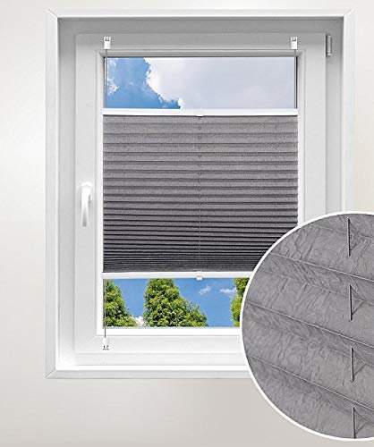 Laneetal Plissee ohne Bohren Klemmfix, Jalousie Faltrollo Crushed Optik, Grau 80 x 220 cm, mit Spannschue für Fenster und Tür, Easyfix klemmträger und verspannt, Sonnen-, Sicht- & Schallschutz