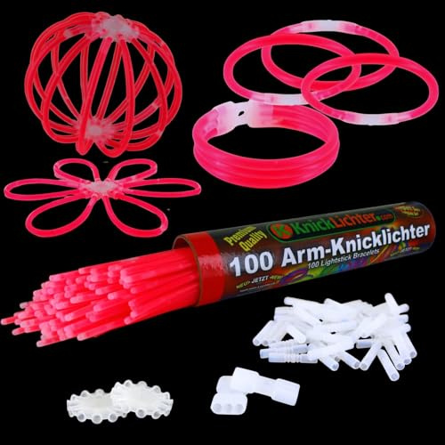 NEON FUN 100 rote Arm-Knicklichter Set - inkl. 100 TopFlex Verbinder, 3fach & 2 Kreisverbinder | Lange Leuchtdauer für Party, Basteln & Events, Menge:1 Rolle