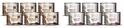 MjAMjAM - Premium Nassfutter für Katzen - purer Fleischgenuss - köstliches Lamm pur (6 x 200 g) & Premium Nassfutter für Katzen - herzhaftes Wild & Kaninchen an fruchtigen Heidelbeeren (6 x 200 g)