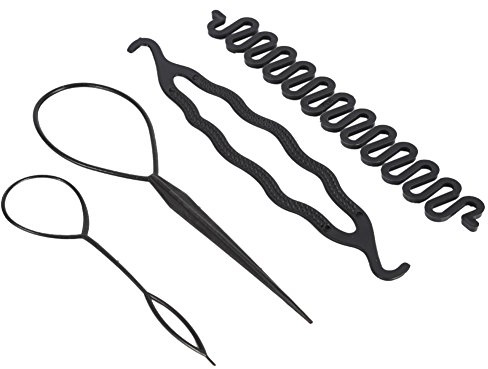 Haarstyling-Zubehör Haarknoten Braid Maker Haar Zubehör Styling Set Topsy Tail Hair Loop Tool Kit DIY Style Mädchen Frauen Frisurenhilfe Band Spiral Flechten für Haarspangen Schwarz [4 Stück]