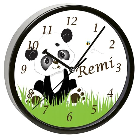 CreaDesign, Wanduhr Kinder personalisiert mit Name, Motiv Panda Bär, Rahmen Wanduhr schwarz, Ø 19,5 cm