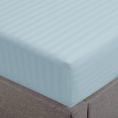 Feather & Stitch 1 Piece Fitted Sheet King Size, 100% Cotton Damask Sateen Weave, Striped Breathable, Stretchable Elastic Sheet for Mattress 18 inch Deep Pocket, 500TC Premium Ultra Soft - Aqua