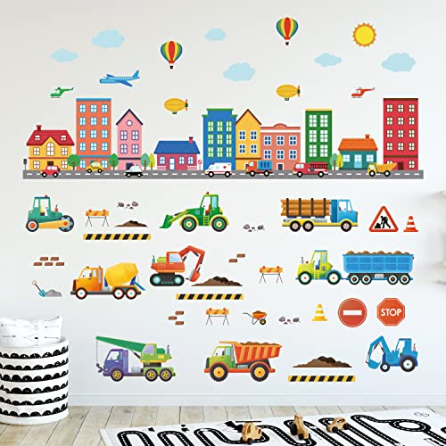 DECOWALL DC-10217 Wandaufkleber für Gebäude, Baufahrzeuge, Autos, Transport, Kinderzimmer, Wandaufkleber, zum Abziehen und Aufkleben, abnehmbar, für Kinderzimmer, Kunst-Wandbilder, Dekorationen
