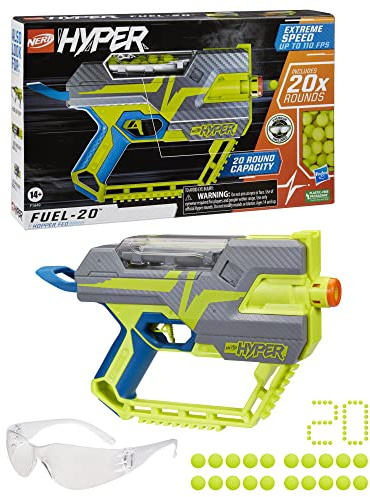 Nerf Hyper Fuel-20 Blaster, 20 Nerf Hyper Rounds, Up to 110 Fps Velocity, Hopper Fed, 20-Round Capacity, Easy Reload, Eyewear Included,Multicolor