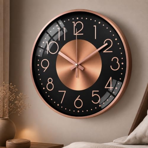 TOKTEKK Wanduhr Ohne Tickgeräusche Lautlos Modern wanduhren 12 Zoll Rund Geräuschlos Küchenuhr Aluminium Wall Clock Für Wohnzimmer Küche Schlafzimmer Und Büro(Roségoldene Ziffern)