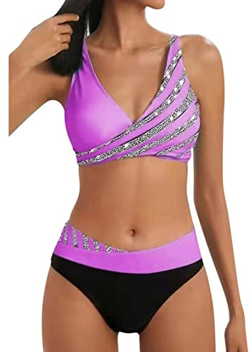 SHINEHUA Damen Bikini Set Wickeloptik Lace Up Bikini Set Neckholder Bikini Oberteil High Waist Wickel Bikinihose Tiefer V Ausschnitt Sportlich Zweiteiliger Strandbikini